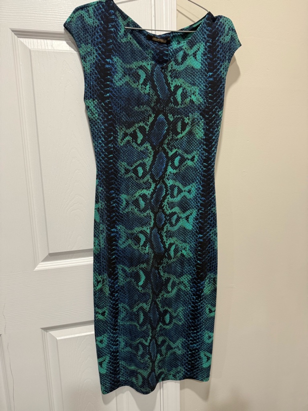 Roberto Cavalli Snake Print Bodycon Midi Dress Blue Green Italy Size 44